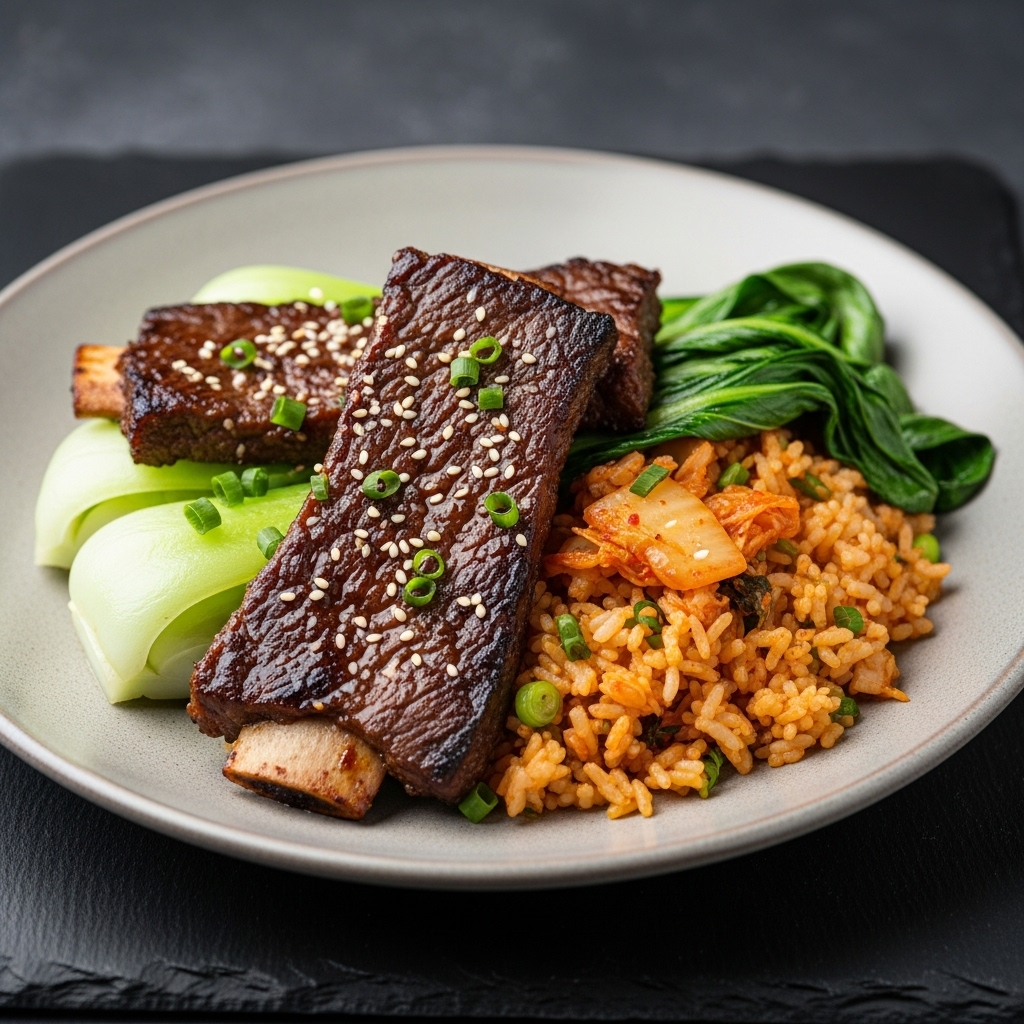 Delectable Korean Paleo BBQ Beef Short Ribs with Sautéed Bok Choy and Kimchi Fried Rice